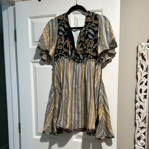 Striped and Floral V-Neck Blouse